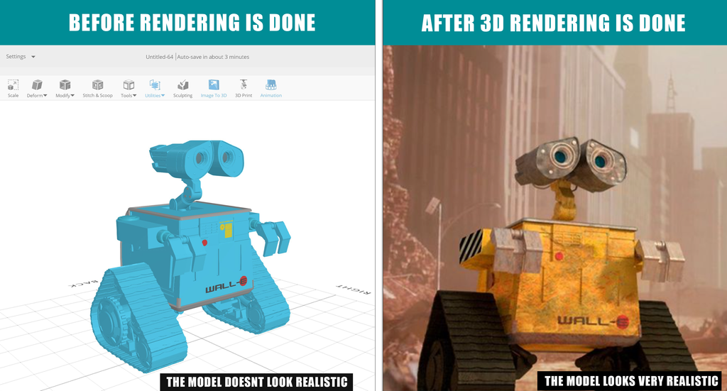 Before and after applying 3D rendering